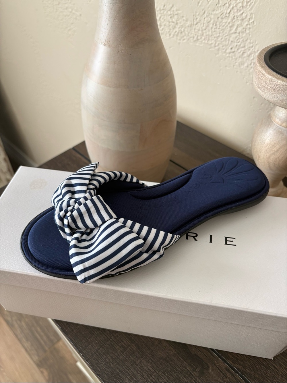 Alex Marie Navy Slide Sandal with Navy and White Striped Bow